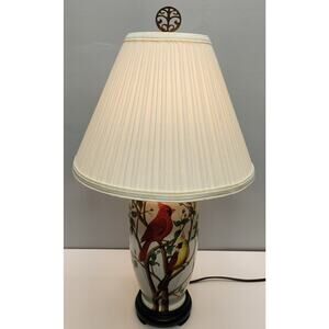Vintage Ceramic Bird Lamp 24.5" – Cardinal & Goldfinch – Tree Finial, Wood Bas